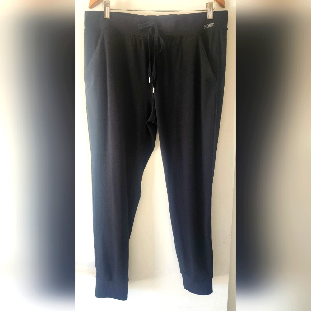 PINK Victoria's Secret Black Yoga Pants Sz L Jogger W/Pockets & Drawstring Waist